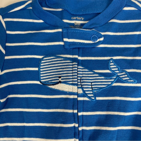 Carters Whale Striped One Piece Full 2 Way Zipper Footed Pajamas Size 9M NWT - Picture 2 of 5